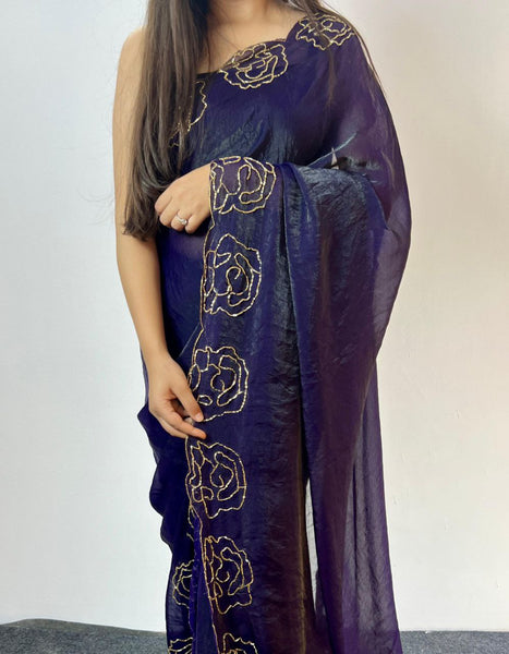 Party Wear Space Silk Cut Work Saree Blouse