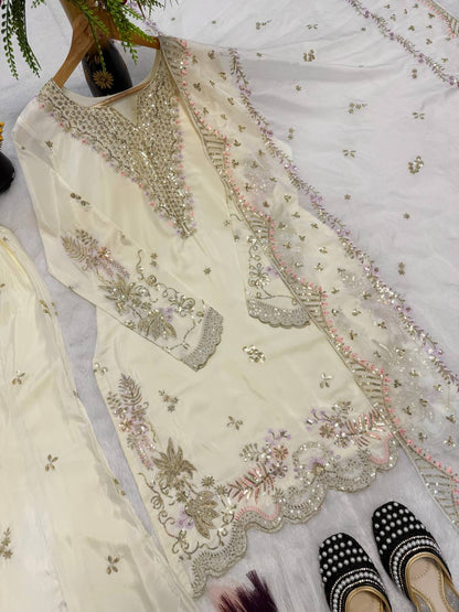 Premium Natural Crepe Silk Sharara Suit with Multi-Needle Sequence Embroidery