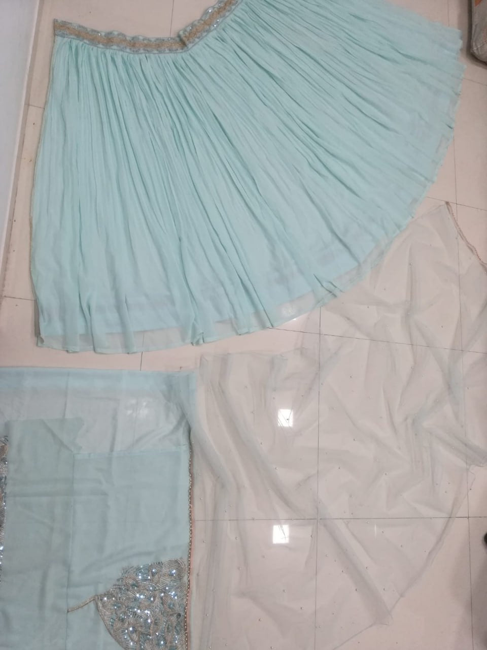 Turquoise Georgette Crush Work Lehenga Set