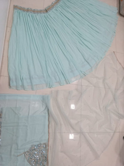 Turquoise Georgette Crush Work Lehenga Set