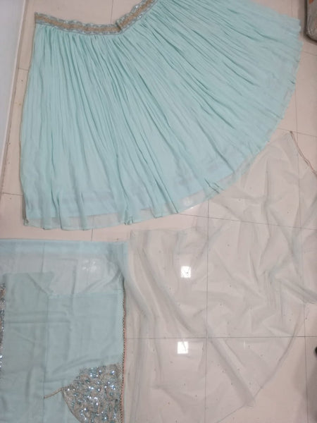 Turquoise Georgette Crush Work Lehenga Set