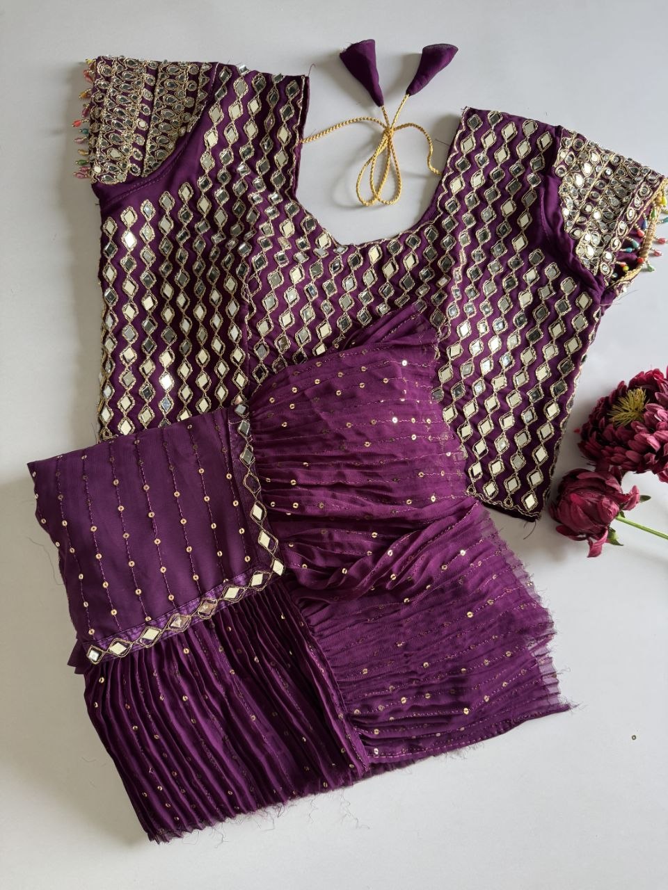 Sequins Faux Georgette Saree with Crush Pleats & Stitched Real Mirror Work Blouse