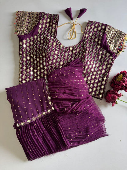 Sequins Faux Georgette Saree with Crush Pleats & Stitched Real Mirror Work Blouse