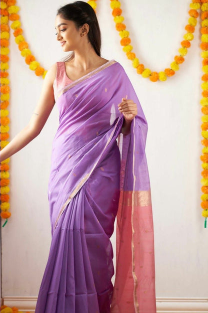 Elegant Soft Linen Slub Saree with Rich Jacquard Weave & Contrast Border Blouse