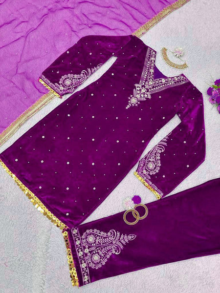 Designer Velvet Salwar Suit With Rivet Moti Work And Sequence Work