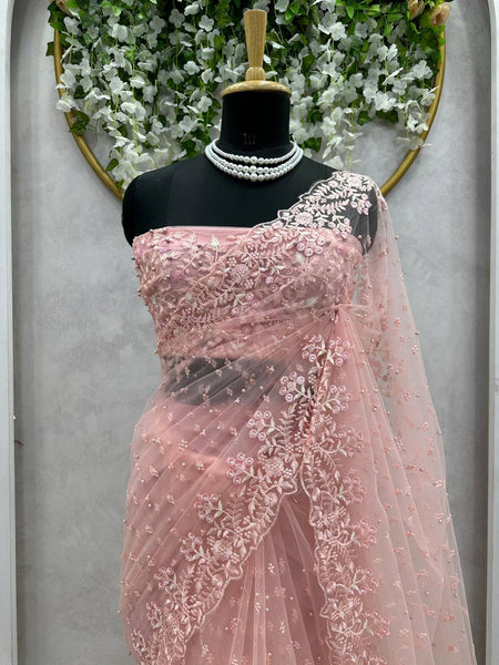 Party Wear Net Sequence Pearl Work Saree Blouse