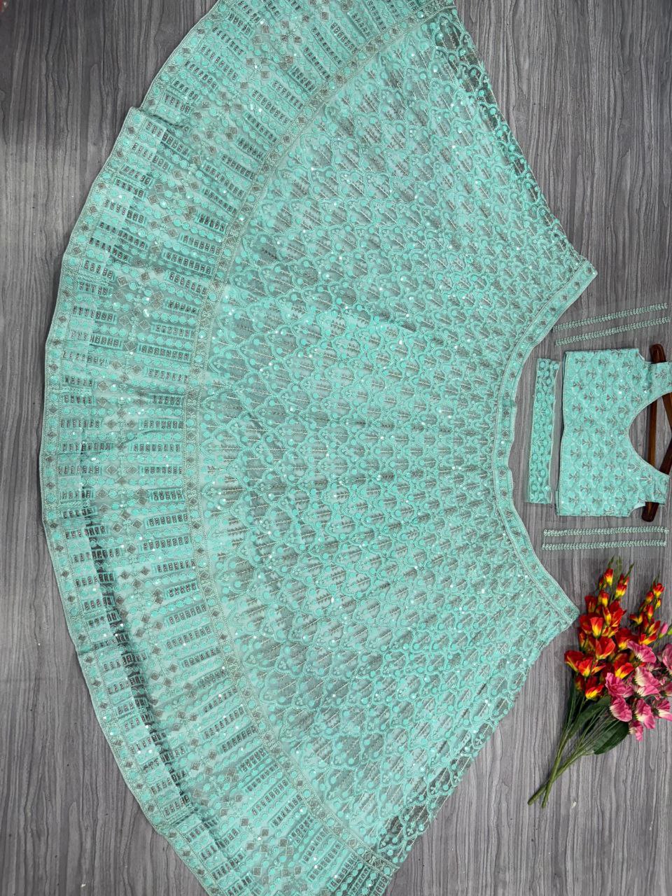 Sea Green Net Sequence Lehenga Choli