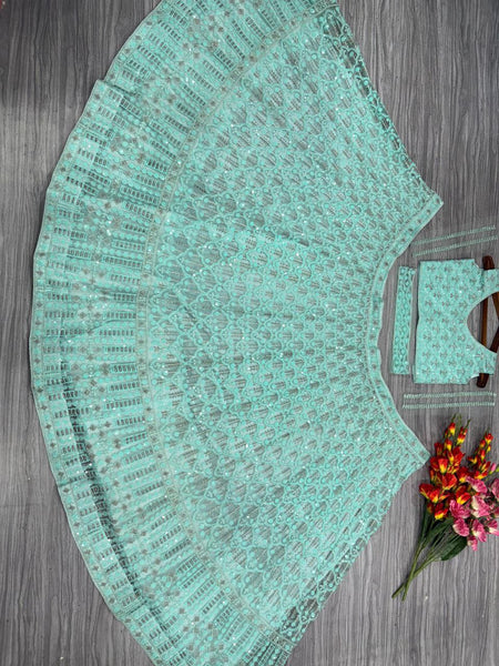 Sea Green Net Sequence Lehenga Choli