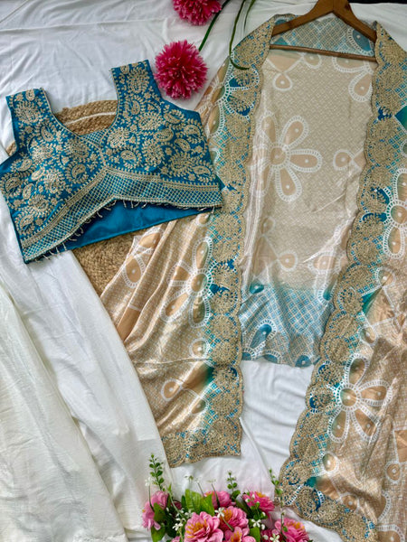 Ready to Wear Chinon Silk Multi Thread Work Indo Western Drape Saree