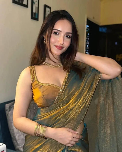 Latest Chiffon Shimmer Cut Dana Hand Work Saree Blouse
