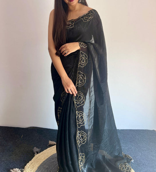 Party Wear Space Silk Cut Work Saree Blouse