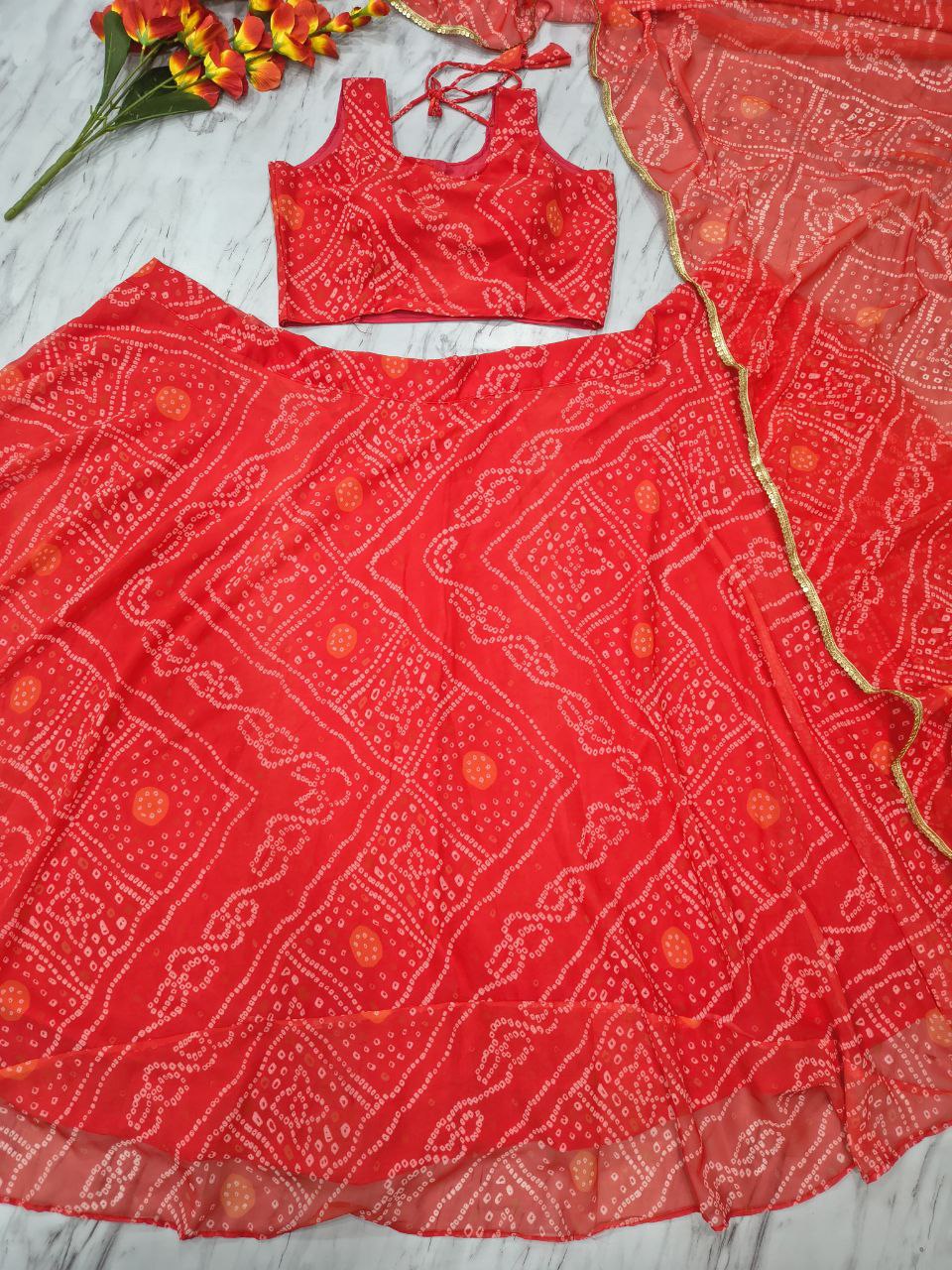 Designer Georgette Lehenga Choli with Printed Work & Lace Border Dupatta