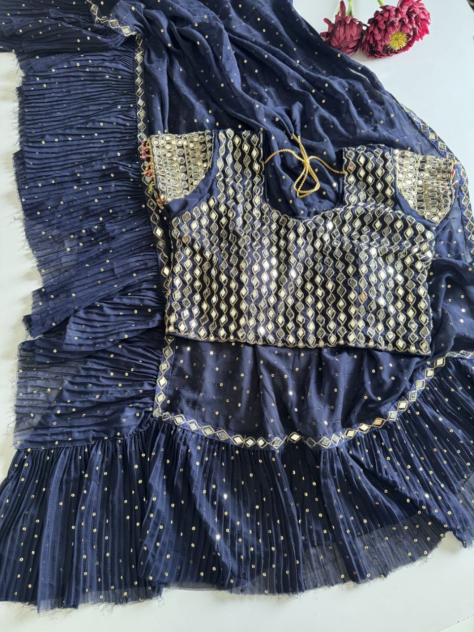 Sequins Faux Georgette Saree with Crush Pleats & Stitched Real Mirror Work Blouse