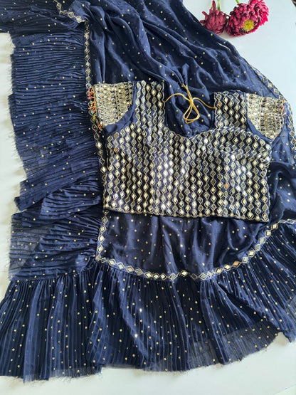 Sequins Faux Georgette Saree with Crush Pleats & Stitched Real Mirror Work Blouse
