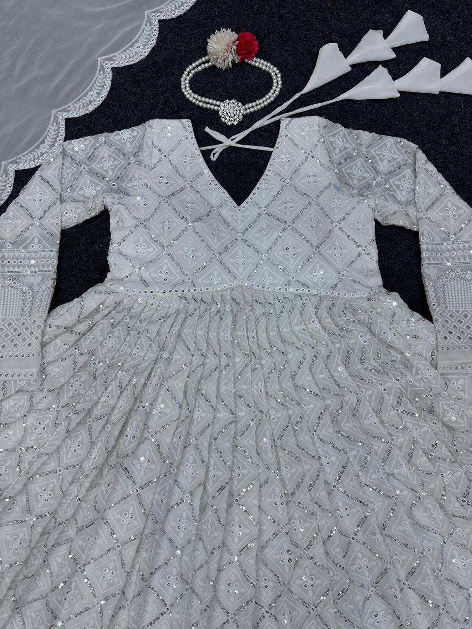 Latest Faux Georgette Anarkali Lucknowi Embroidery Wotk Ready Made Gown Dupatta