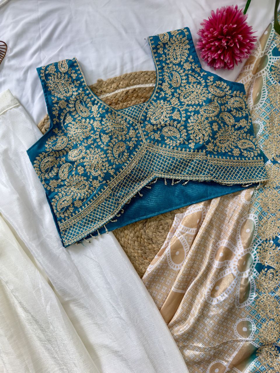 Ready to Wear Chinon Silk Multi Thread Work Indo Western Drape Saree