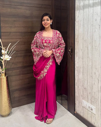 Ready to wear Chinon Silk Jacket Saree