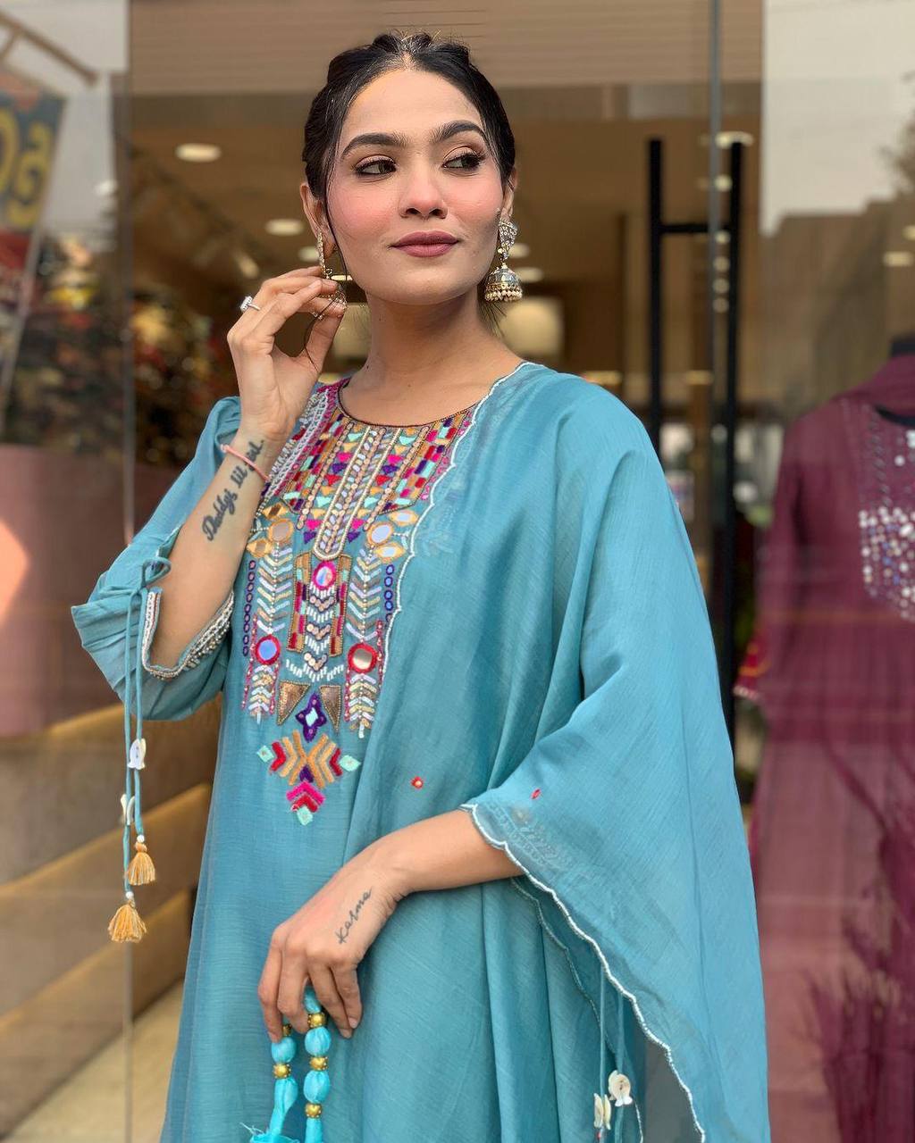 Chanderi Mirror Embroidered Salwar Suit