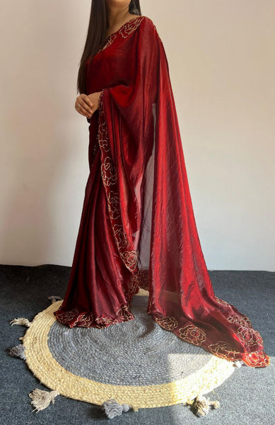 Party Wear Space Silk Cut Work Saree Blouse