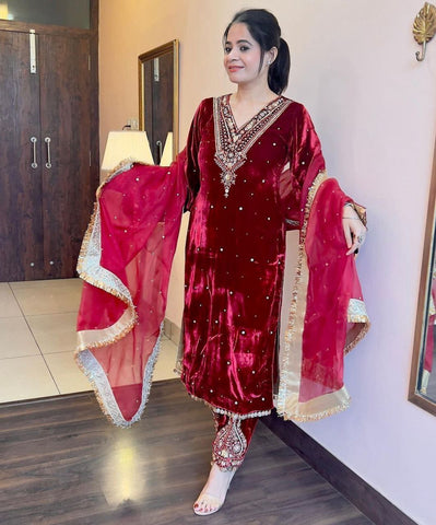 Designer Velvet Salwar Suit With Rivet Moti Work And Sequence Work