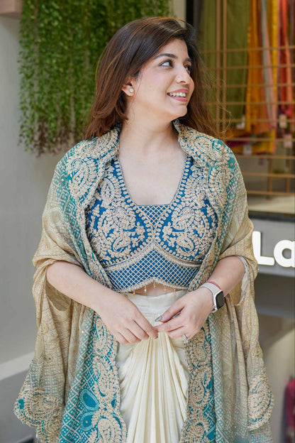 Ready to Wear Chinon Silk Multi Thread Work Indo Western Drape Saree