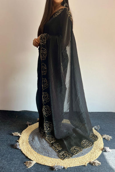 Party Wear Space Silk Cut Work Saree Blouse