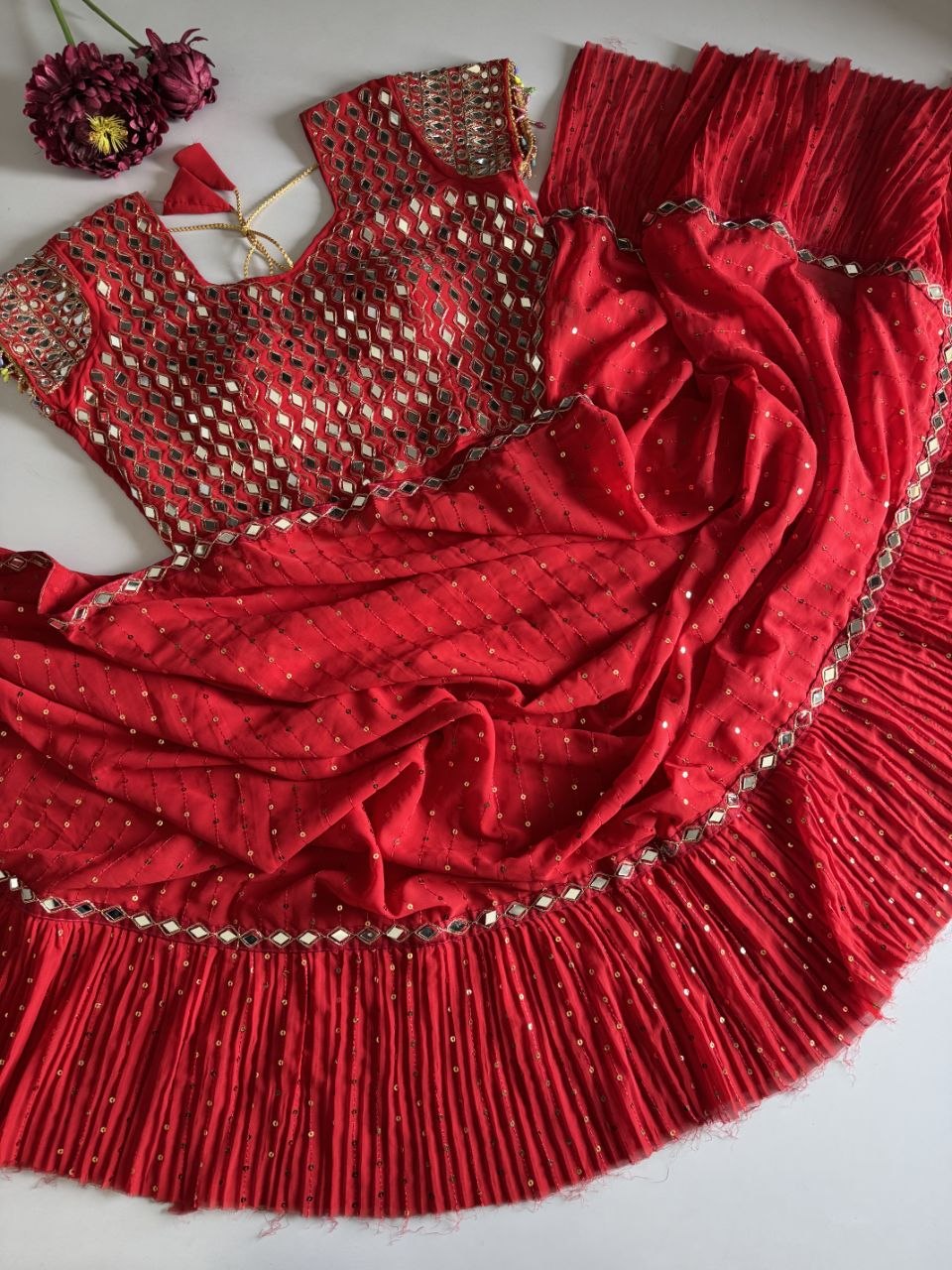 Sequins Faux Georgette Saree with Crush Pleats & Stitched Real Mirror Work Blouse