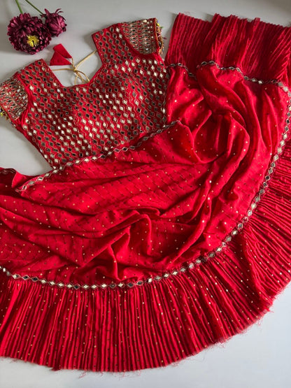 Sequins Faux Georgette Saree with Crush Pleats & Stitched Real Mirror Work Blouse