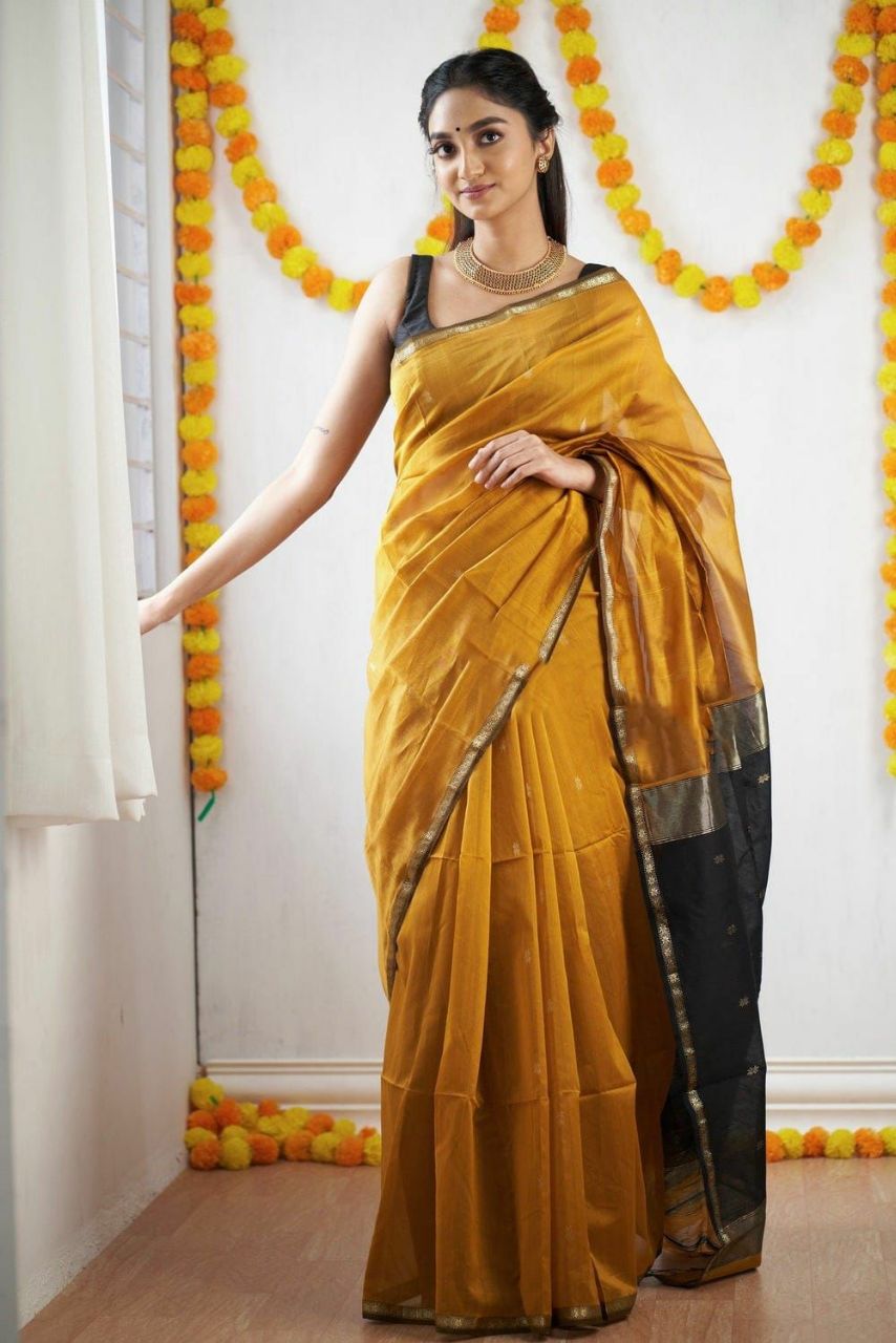 Elegant Soft Linen Slub Saree with Rich Jacquard Weave & Contrast Border Blouse