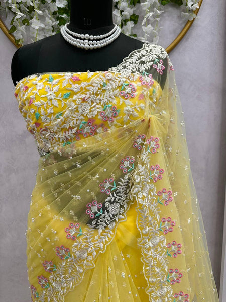 Party Wear Net Sequence Pearl Work Saree Blouse