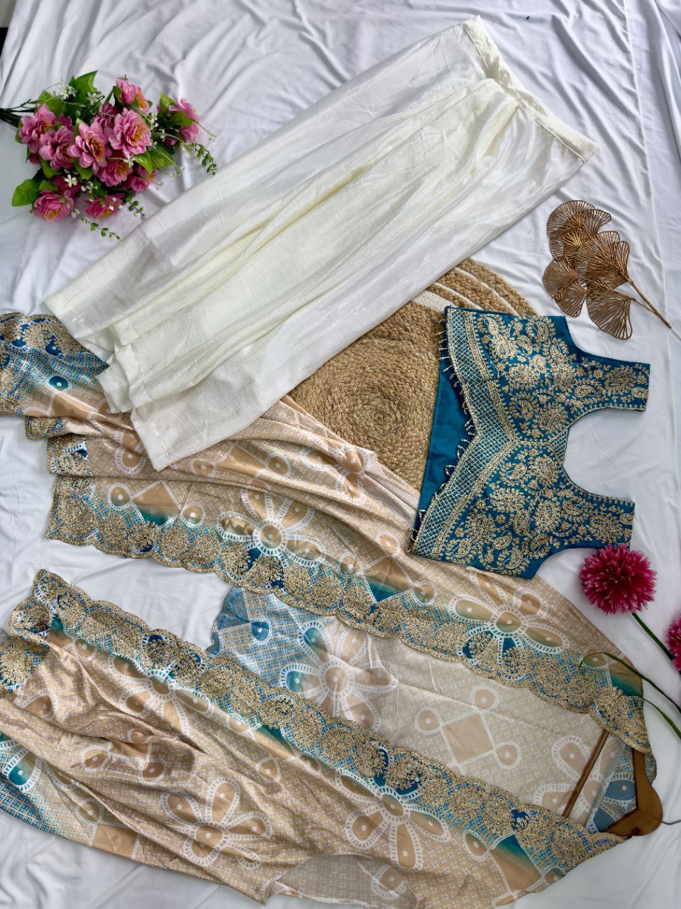 Ready to Wear Chinon Silk Multi Thread Work Indo Western Drape Saree