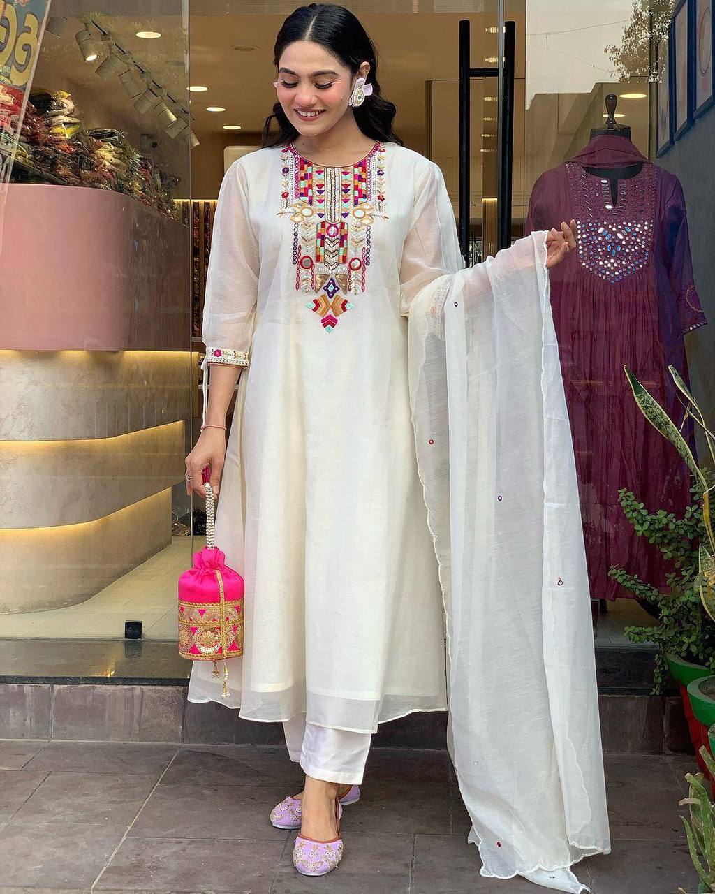 Chanderi Mirror Embroidered Salwar Suit