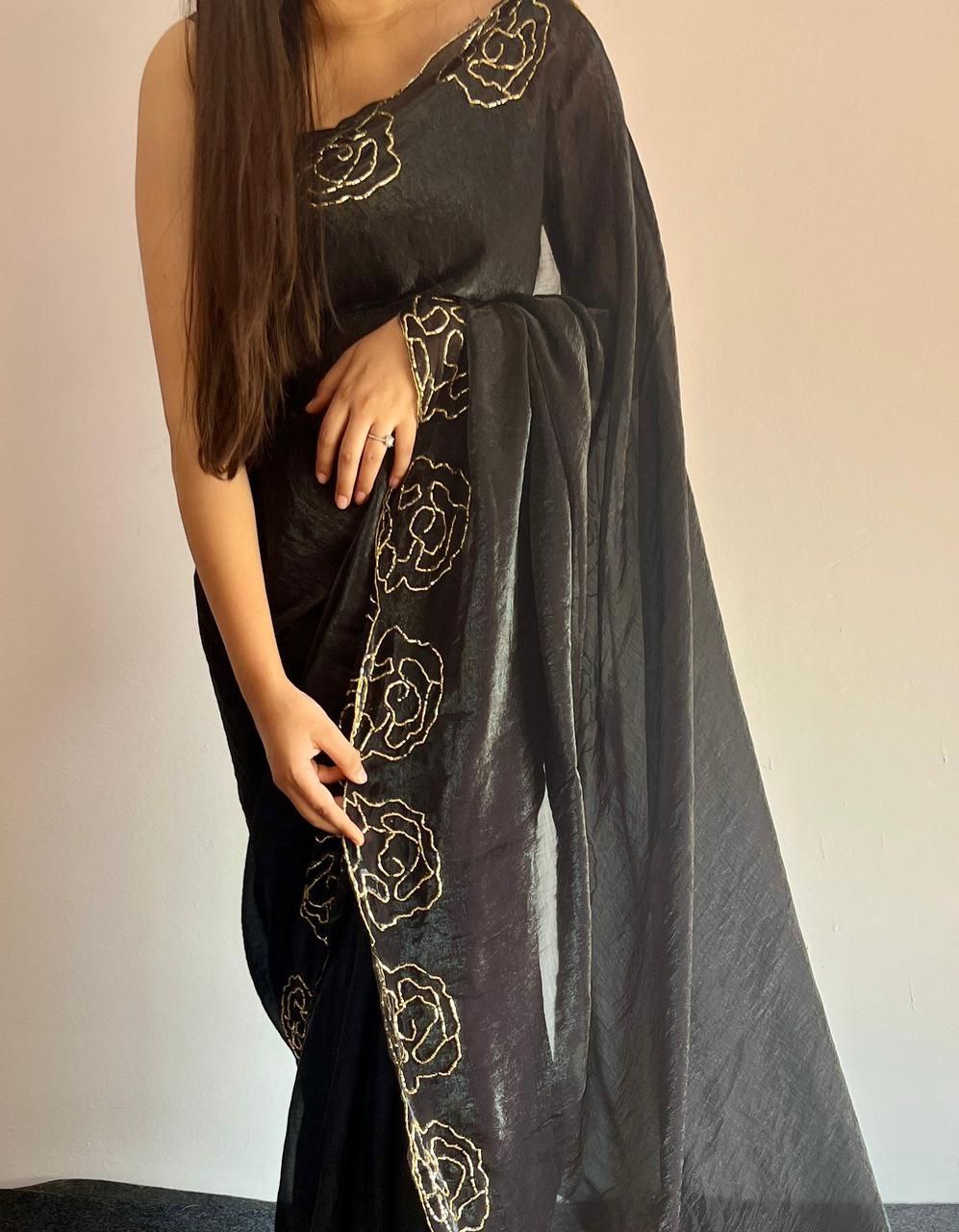 Party Wear Space Silk Cut Work Saree Blouse