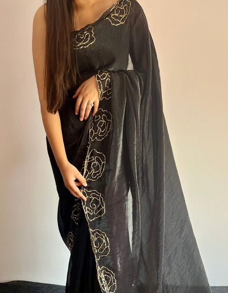 Party Wear Space Silk Cut Work Saree Blouse