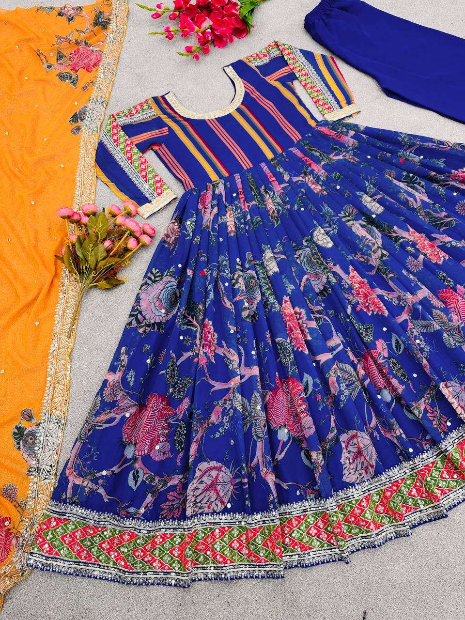 Designer Party Wear Look Digital Print Anarkali Suit With Embroidery Sequence Work With Bottom and Dupatta