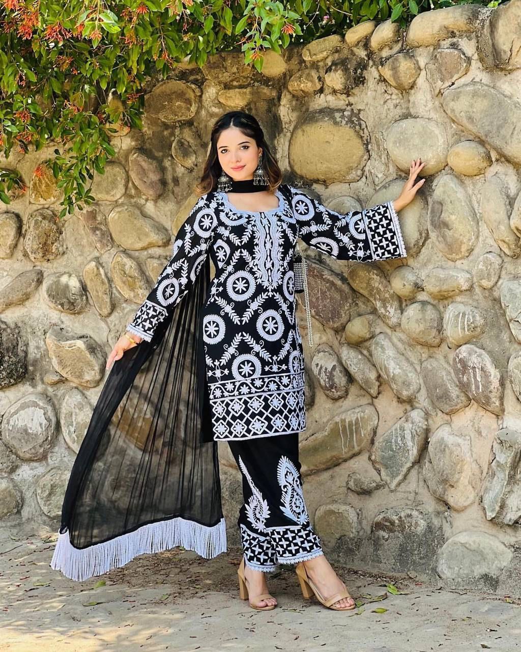 Black and white plazo suit best sale