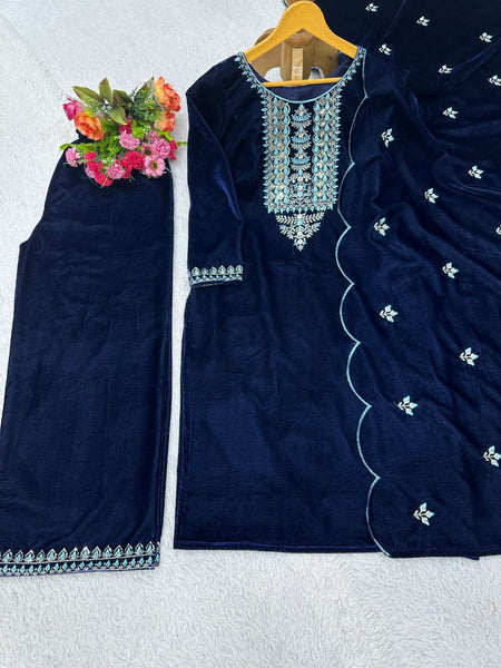 Beautiful Blue Color Heavy Velvet Thread Sequence Work Salwar Suit