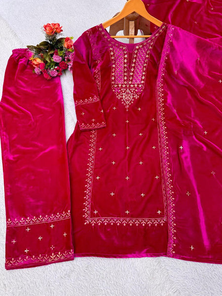 Beautiful Pink Color Heavy Velvet Thread Sequence Work Salwar Suit