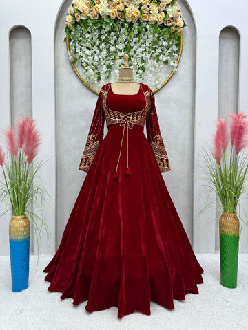 Attractive Maroon Color Gown With Koti