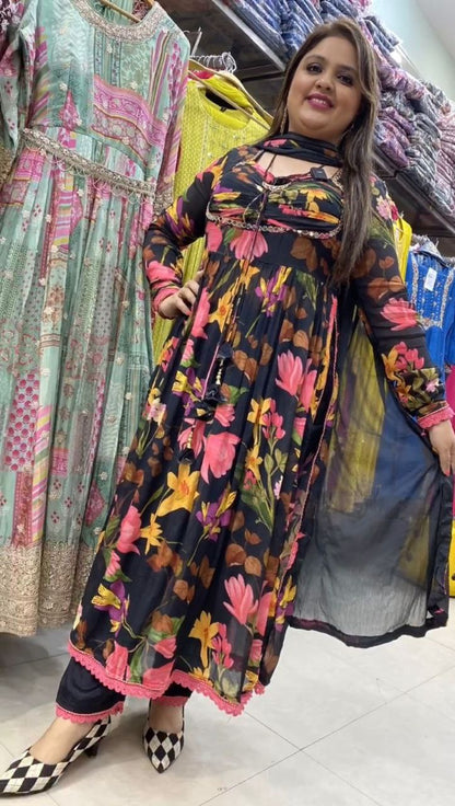 Beautiful Black color Digital Printed  Kurta Set with Dupatta