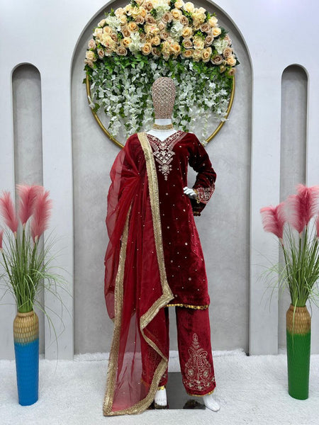 Designer Velvet Salwar Suit With Rivet Moti Work And Sequence Work