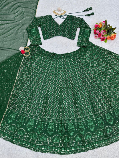 Beautiful Green Color  Georgette Sequence Work Lehenga Choli With Dupatta