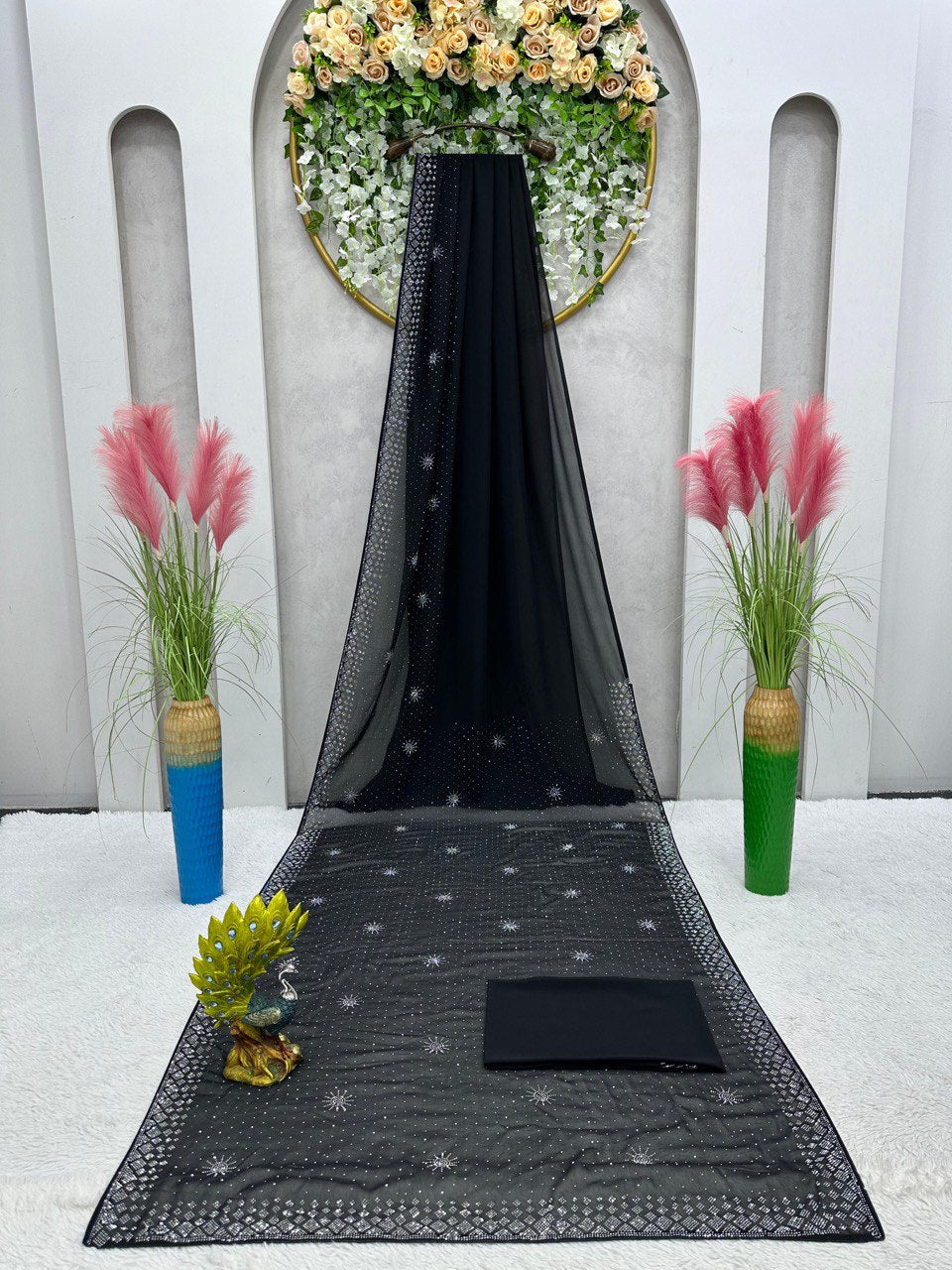Beautiful Party Wear Black Georgette Sequence Work Saree With Blouse