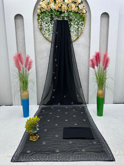 Beautiful Party Wear Black Georgette Sequence Work Saree With Blouse