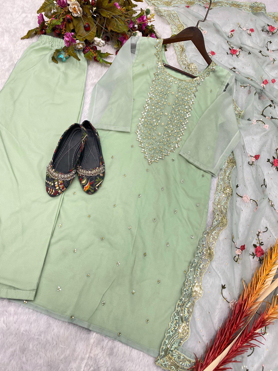 Designer Organza Kurta Set With Embroidery Sequence Work