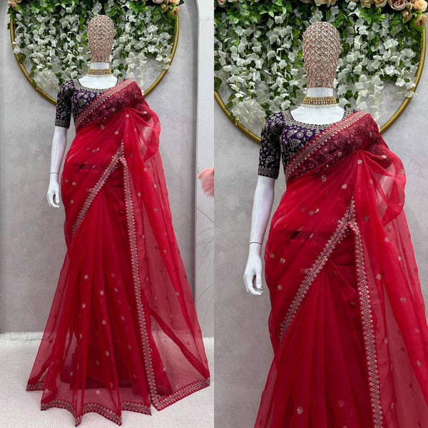 Red Color Organza Silk Sequence Work Wedding Wear Saree Blouse