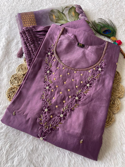 Magenta Color Party Wear Roman Silk Hand Work Ready Made Salwar Suit