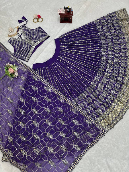 Latest Purple Georgette Sequence Work Lehenga Choli For Wedding Wear