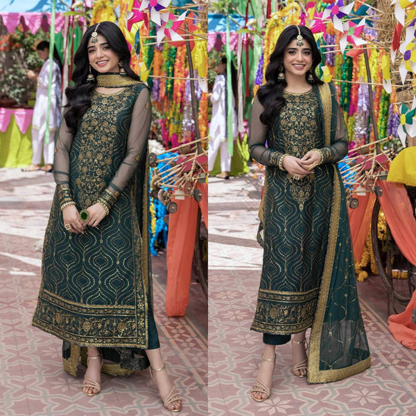 Green Color Party Wear Georgette Sequence Work Ready Made Salwar Suit