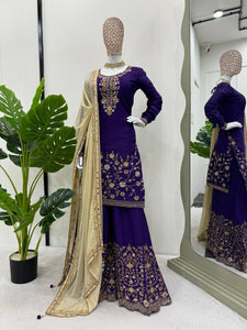 Violet Color Thread Sequence Work Chinon Silk Salwar Suit